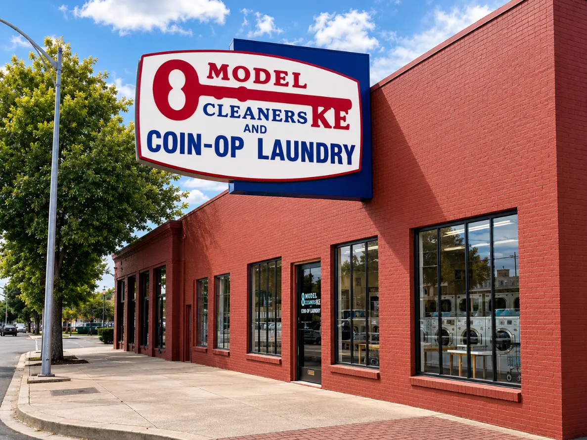 Exterior storefront of Model KE Cleaners and Coin-Op Laundry building with red brick facade